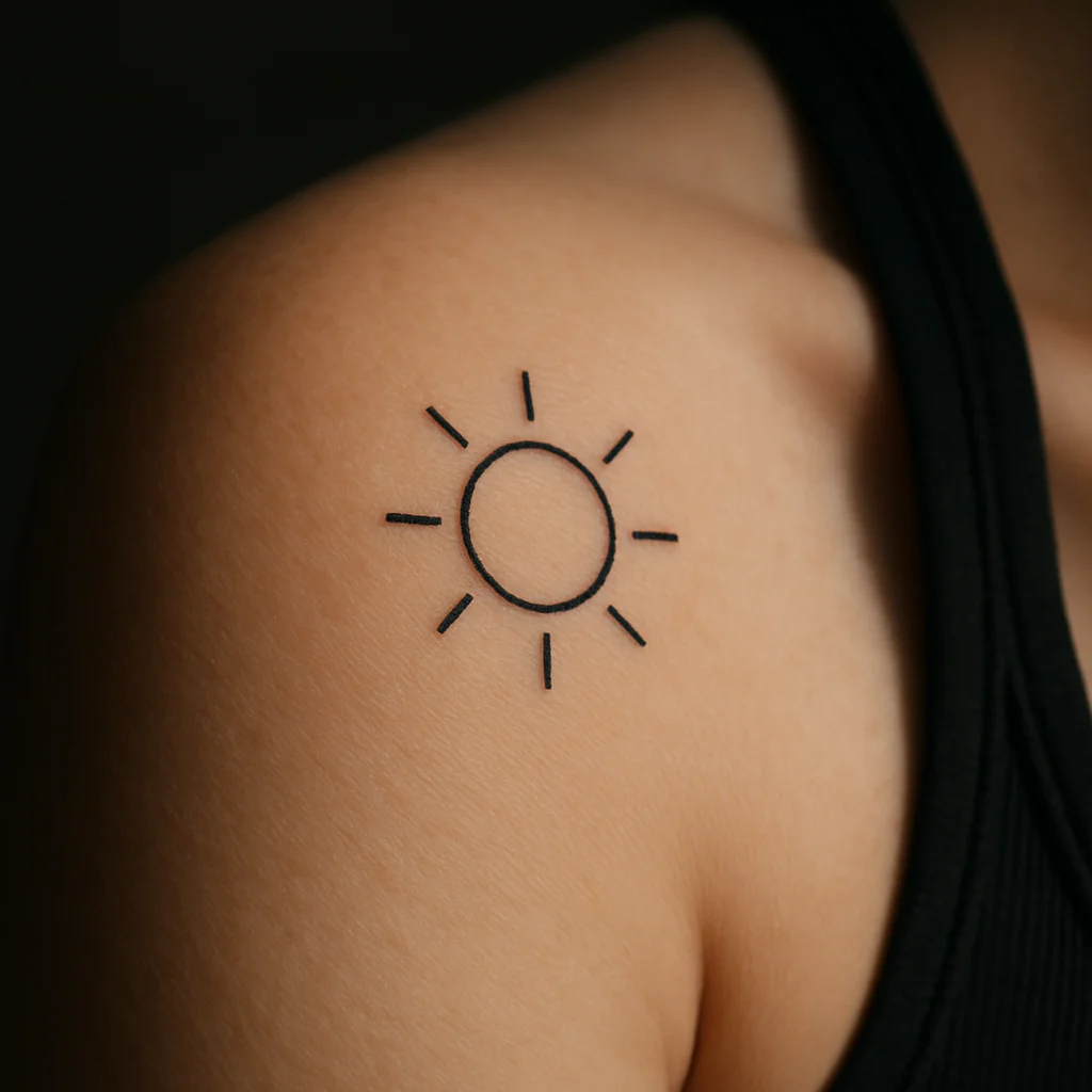 Minimalist small sun with six rays tattooed on the shoulder cap