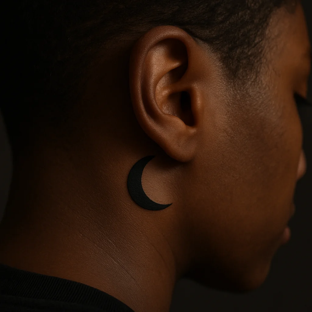 Minimalist solid crescent moon tattoo curving behind the ear
