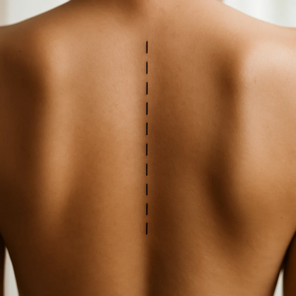 Minimalist stacked small caps lettering tattoo running vertically down the centre of the spine