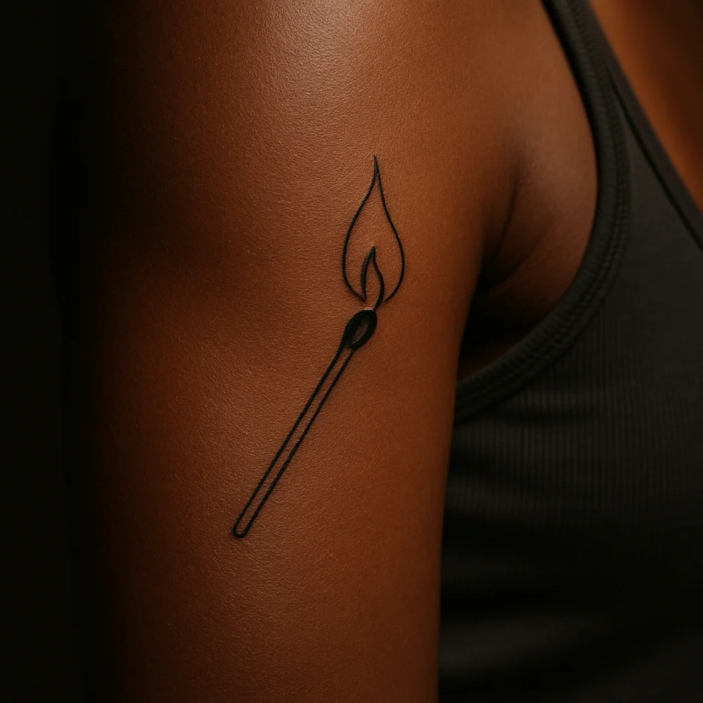 Minimalist struck match with flame tattooed on a woman's inner upper arm