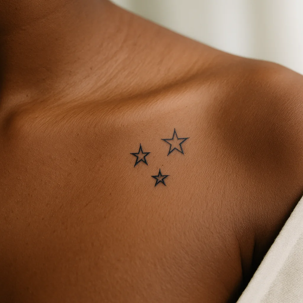 Minimalist tattoo of three staggered stars in different sizes under the collarbone