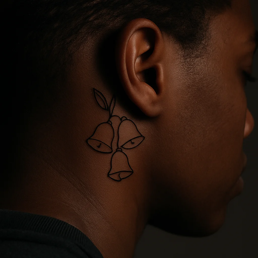 Minimalist three-bell lily of the valley sprig tattooed behind the ear