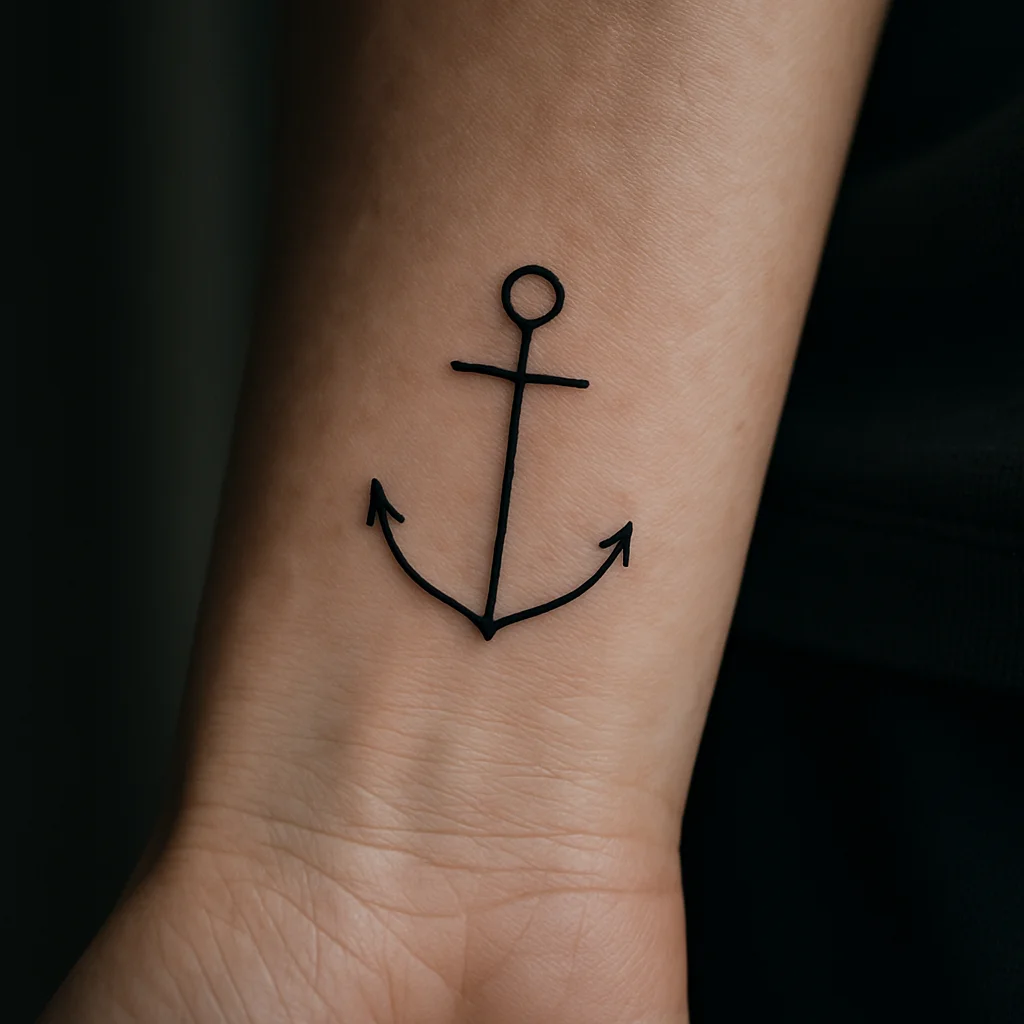Minimalist three-line anchor without rope tattooed on the inner wrist