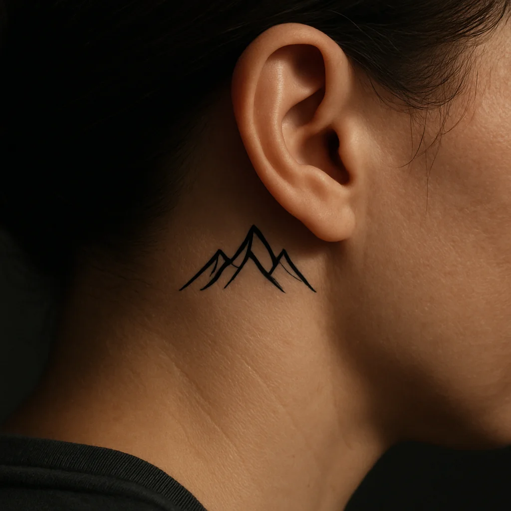 Minimalist three-peak mountain range tattoo behind the ear