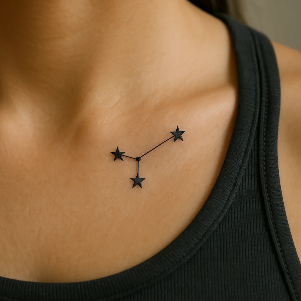 Minimalist three-star constellation tattoo in the hollow above the collarbone
