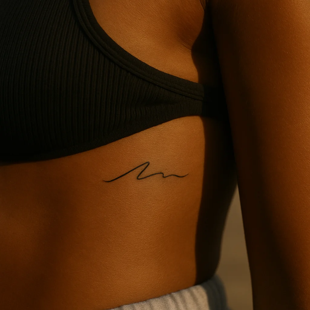 Minimalist tiny script name tattoo near the sternum edge of the ribs