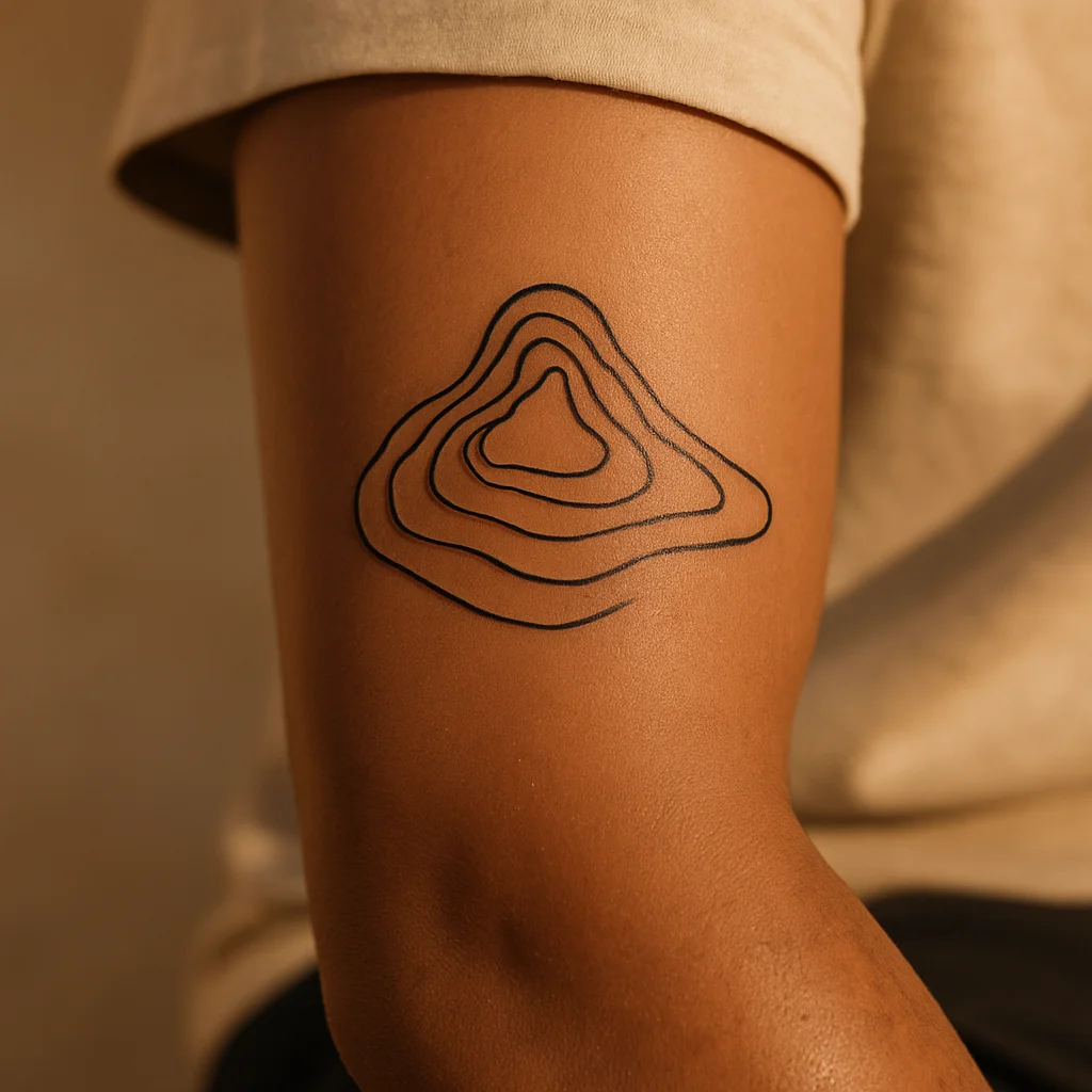 Minimalist topographic contour map tattoo of a summit on the outer forearm