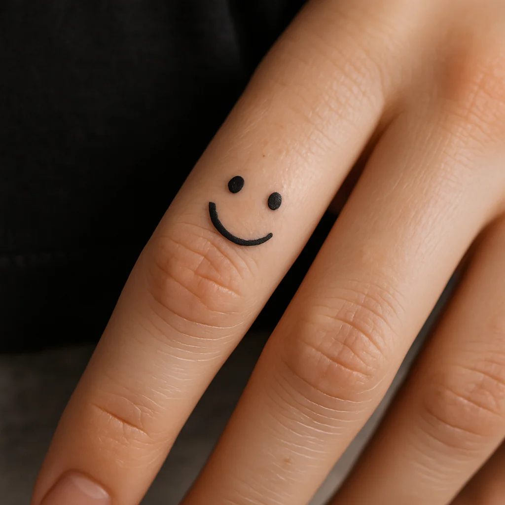 Minimalist two-dot smiley face with a single arc tattooed on a finger