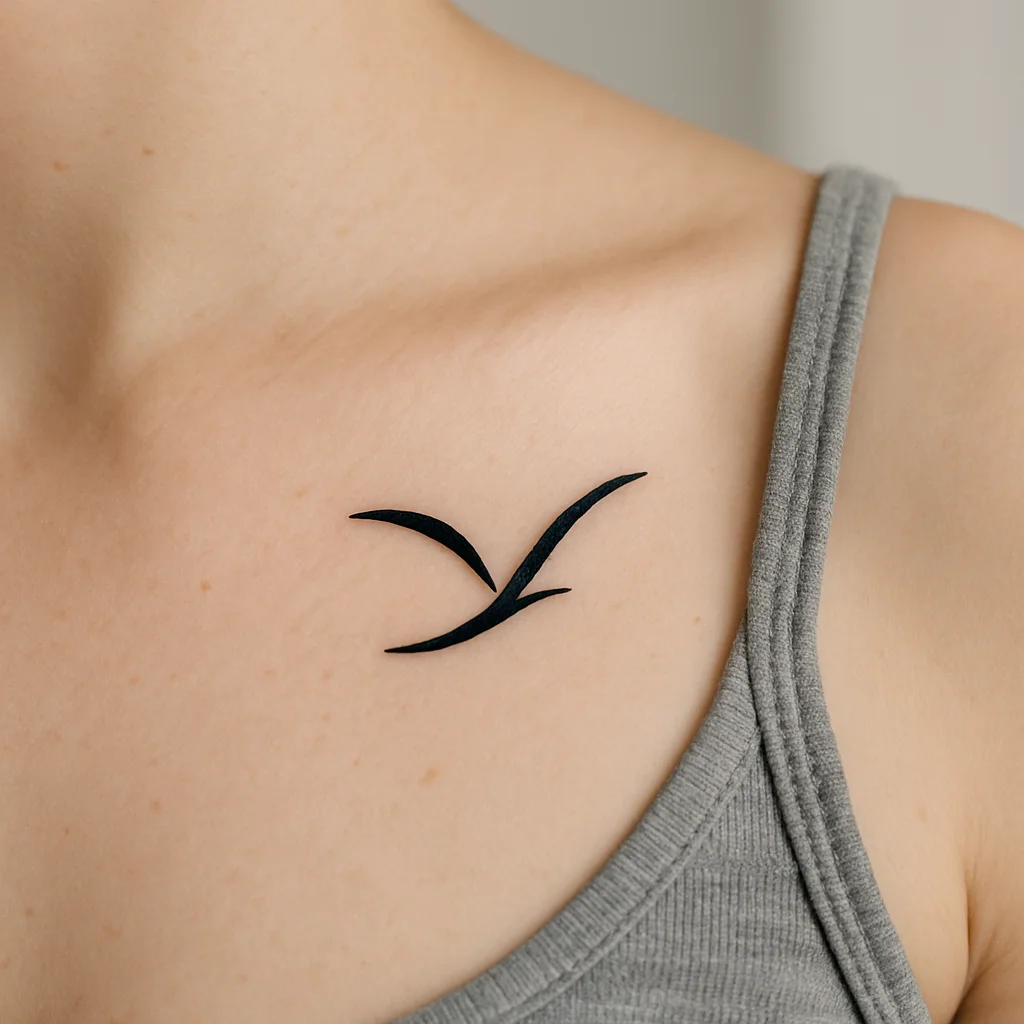 Minimalist two-stroke flying bird tattooed near the collarbone