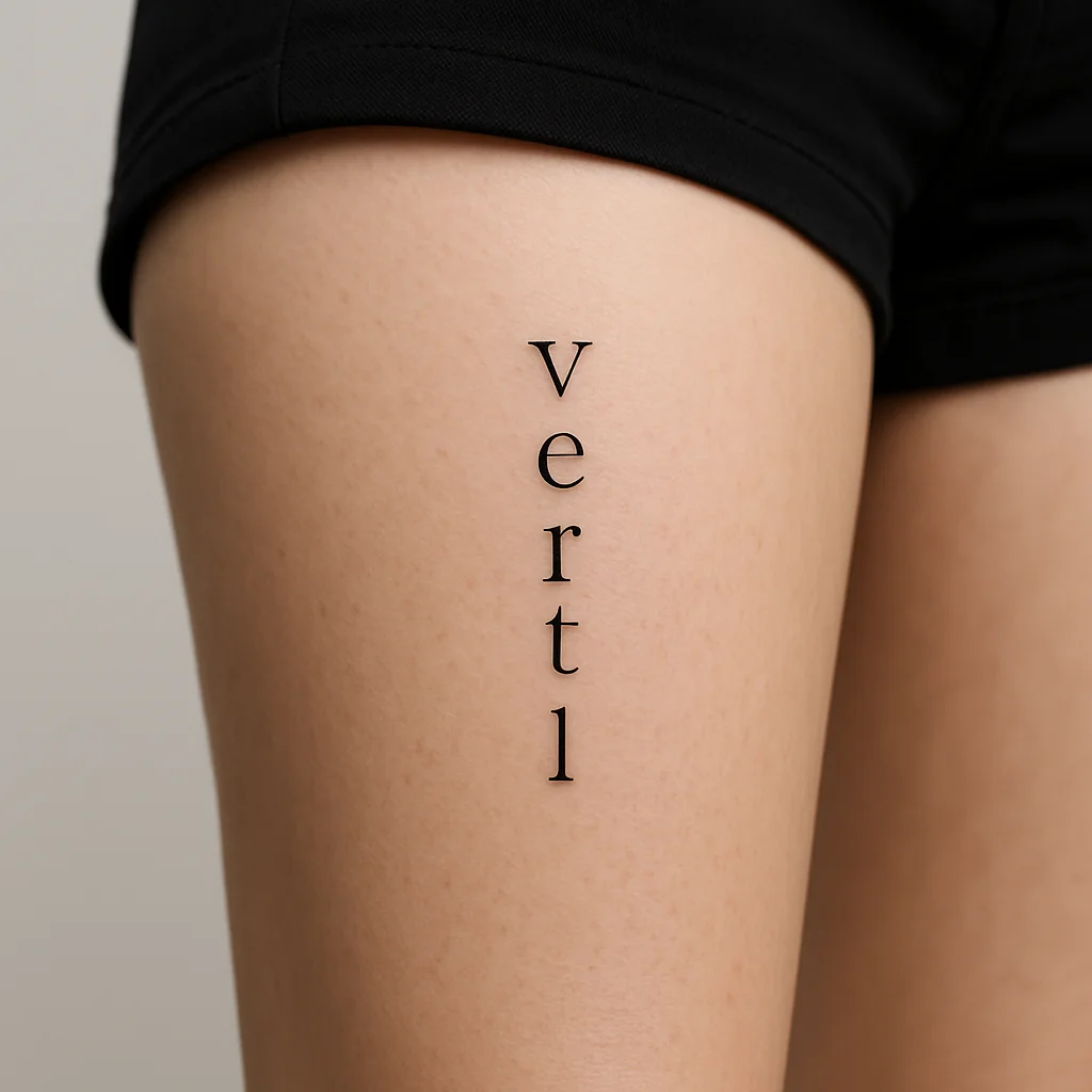 Minimalist vertical serif word tattoo running down the inner thigh