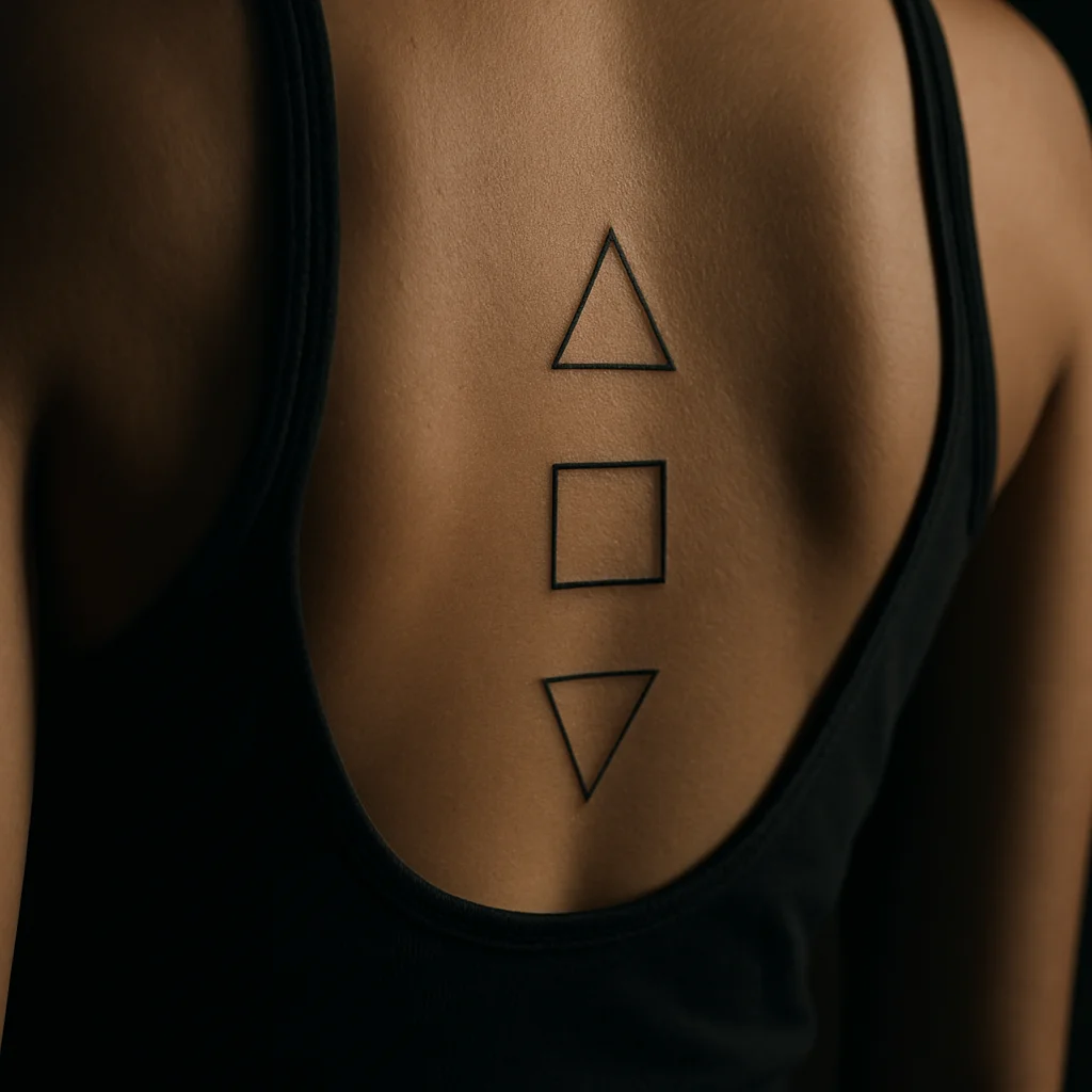 Minimalist vertical stack of earth, salt and fire alchemical glyph tattoos spaced along the spine