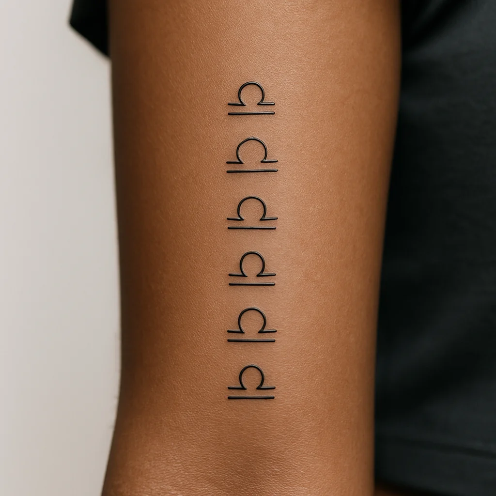 Minimalist vertical stack of small symbols aligned down the inner forearm