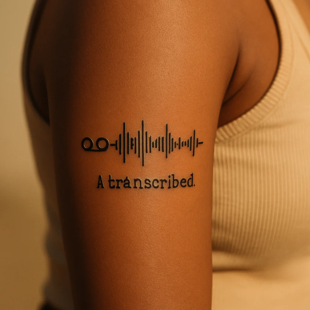 Minimalist voicemail soundwave tattoo with handwritten words underneath on the upper arm