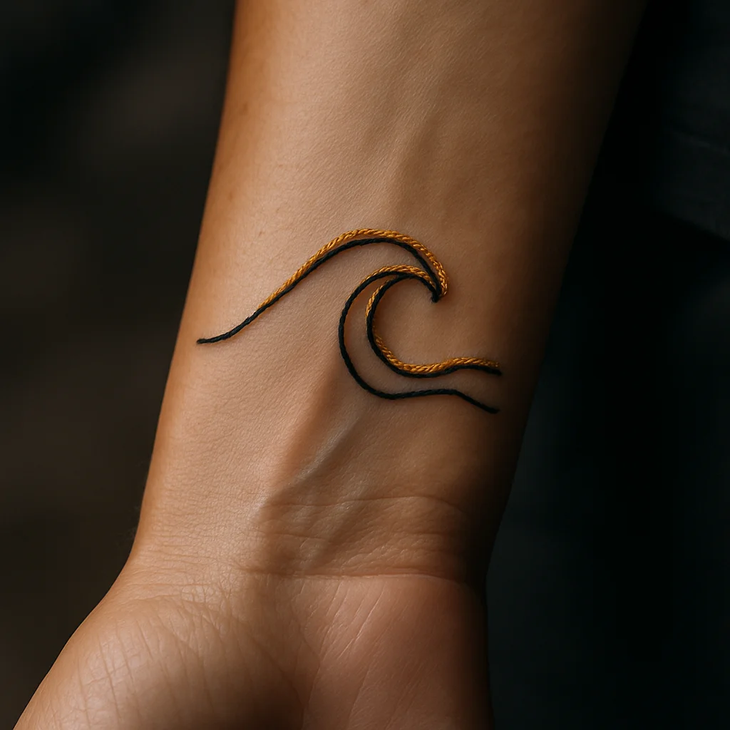 Minimalist wave tattoo on the inner wrist with thick yellow crusting along the healing lines
