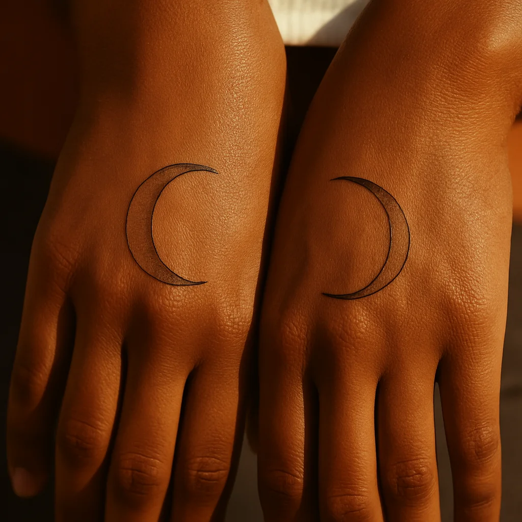 Mirrored crescent moon tattoos placed symmetrically on the backs of both hands