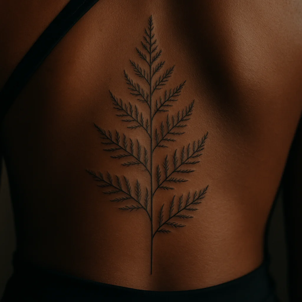 Mirrored fern frond tattoo forming a botanical ladder down the spine