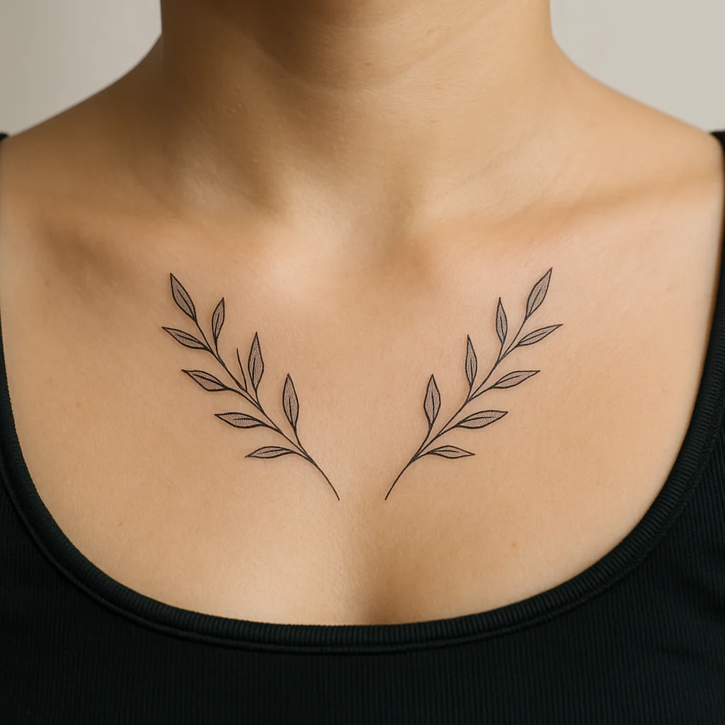 Mirrored fine-line sprig stencil measured from the sternal notch across both collarbones