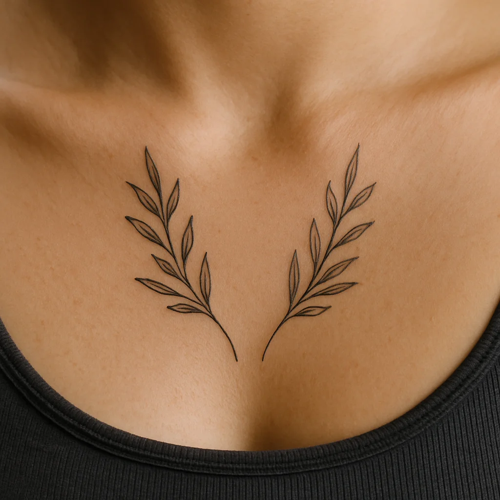 Mirrored fine-line sprigs framing the sternal notch between both collarbones