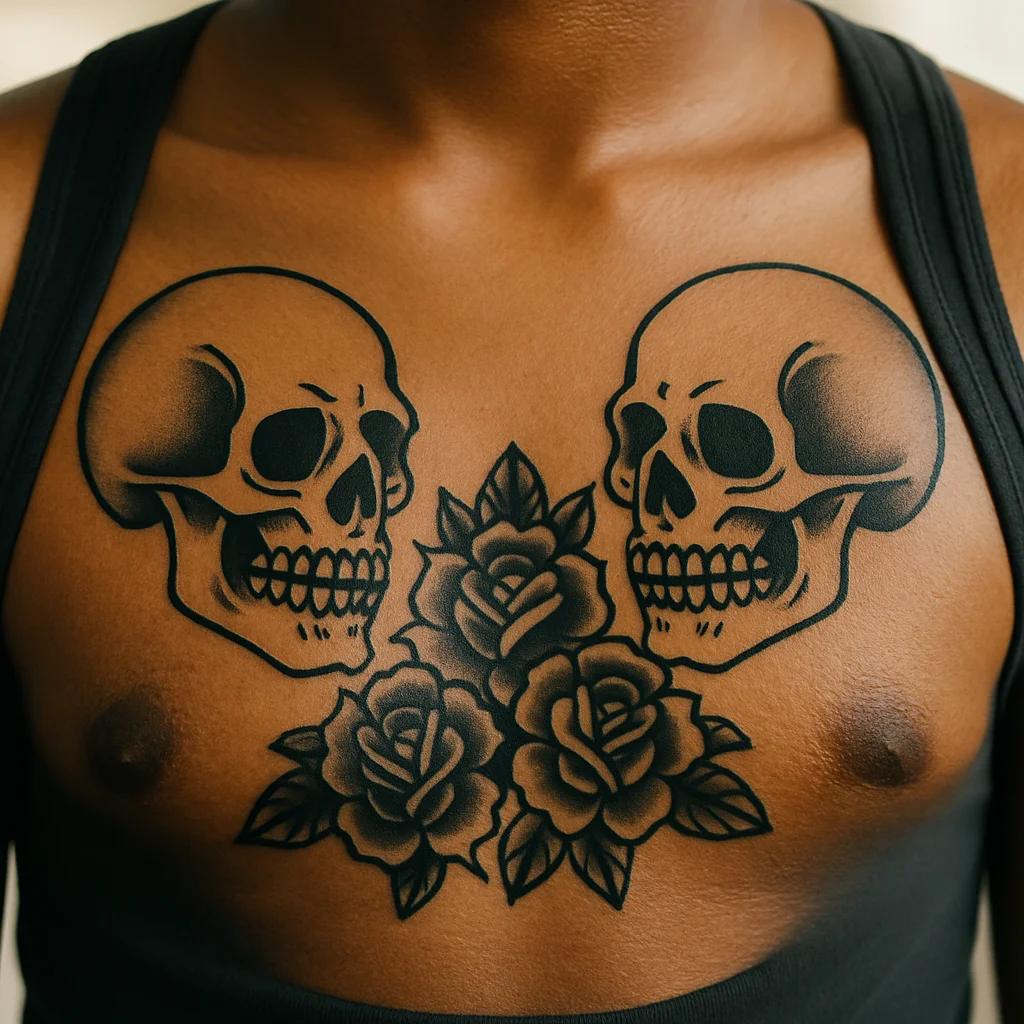Mirrored skull and roses chest tattoo in bold traditional linework
