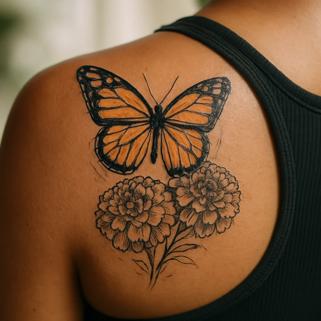 Monarch butterfly above cempasuchil marigolds tattooed in illustrative color on the shoulder blade