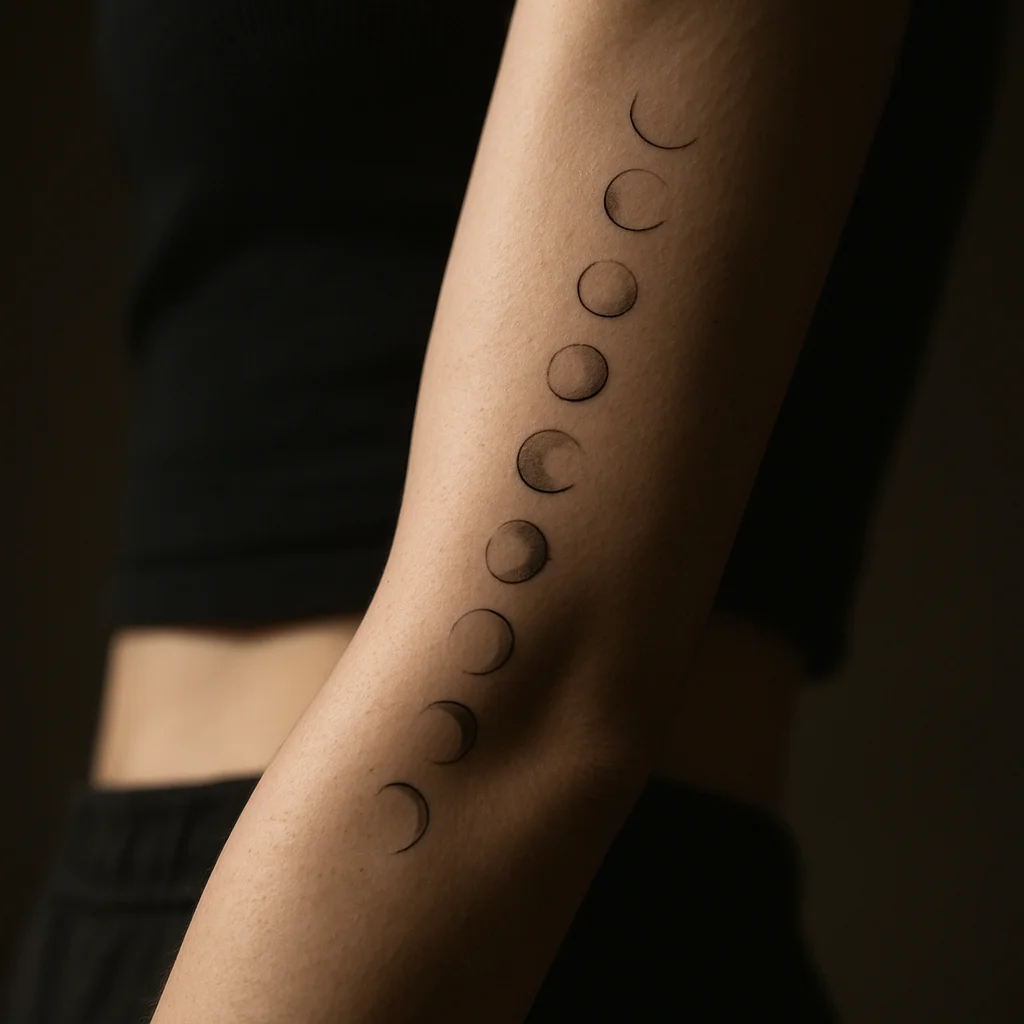 Moon phase ribbon tattoo running down a woman's inner arm in fine-line black and grey