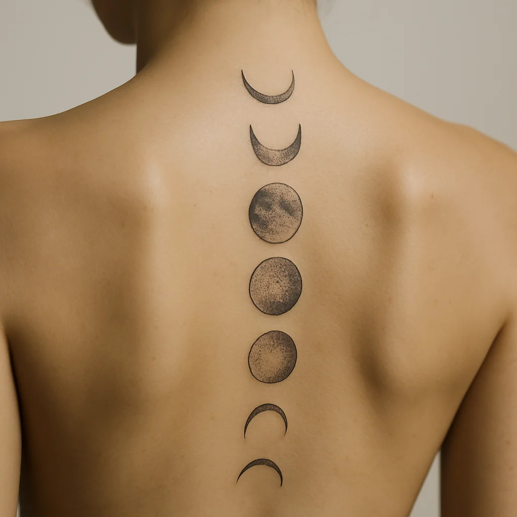 Moon phase spine tattoo with fine line crescents and stippled full moons descending the back