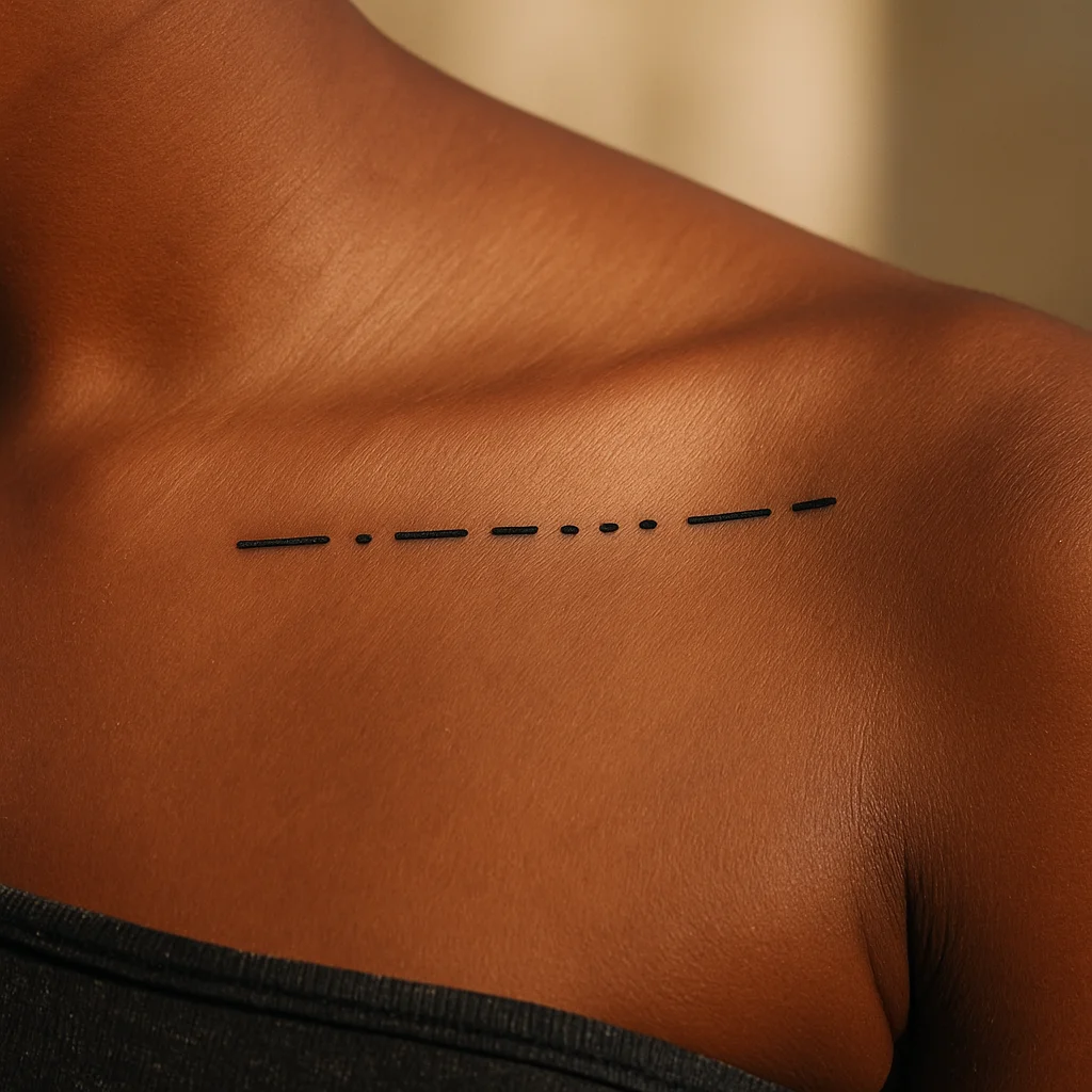 Morse code dot and dash tattoo spaced along the collarbone
