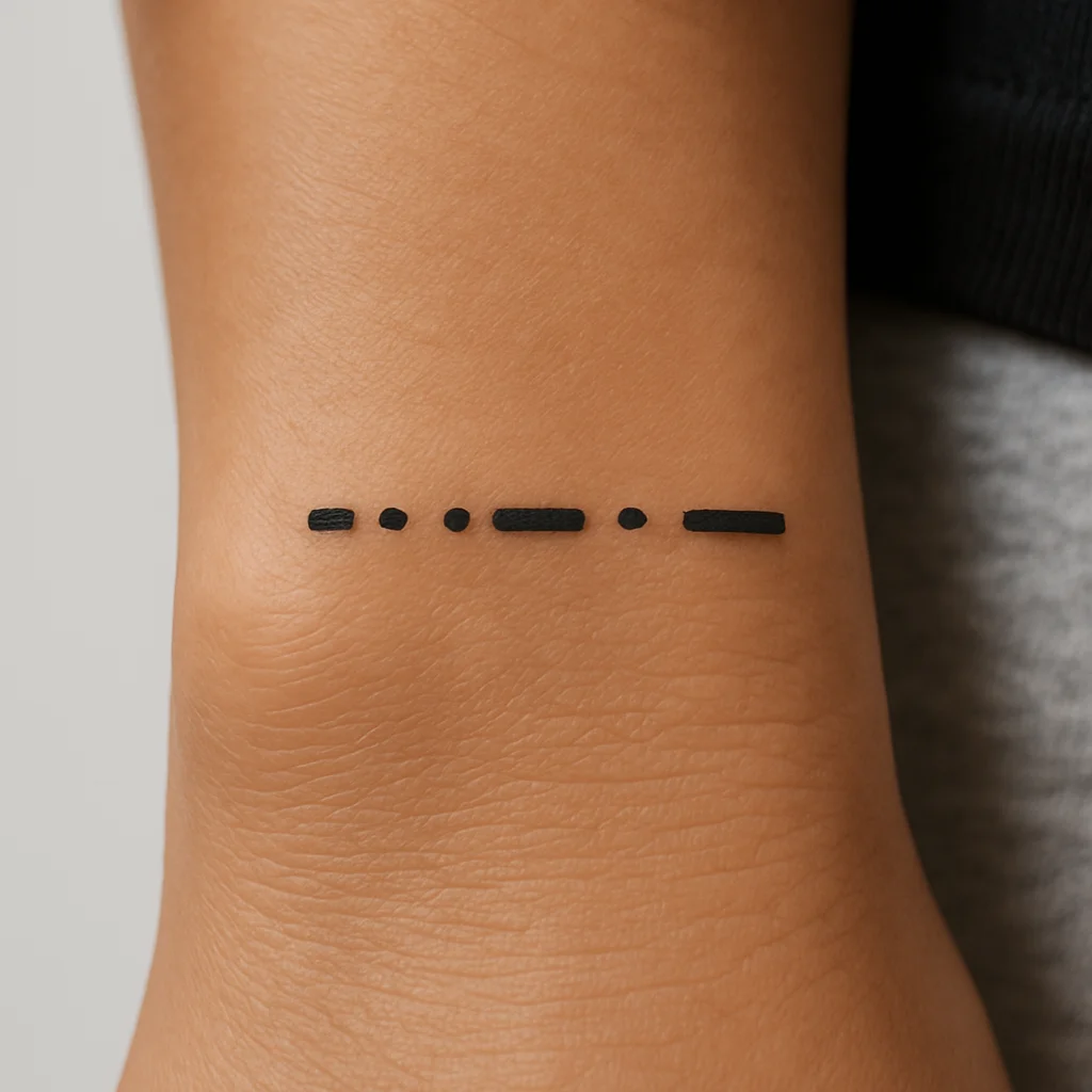 Morse code dots and dashes initial tattooed along the side of the wrist