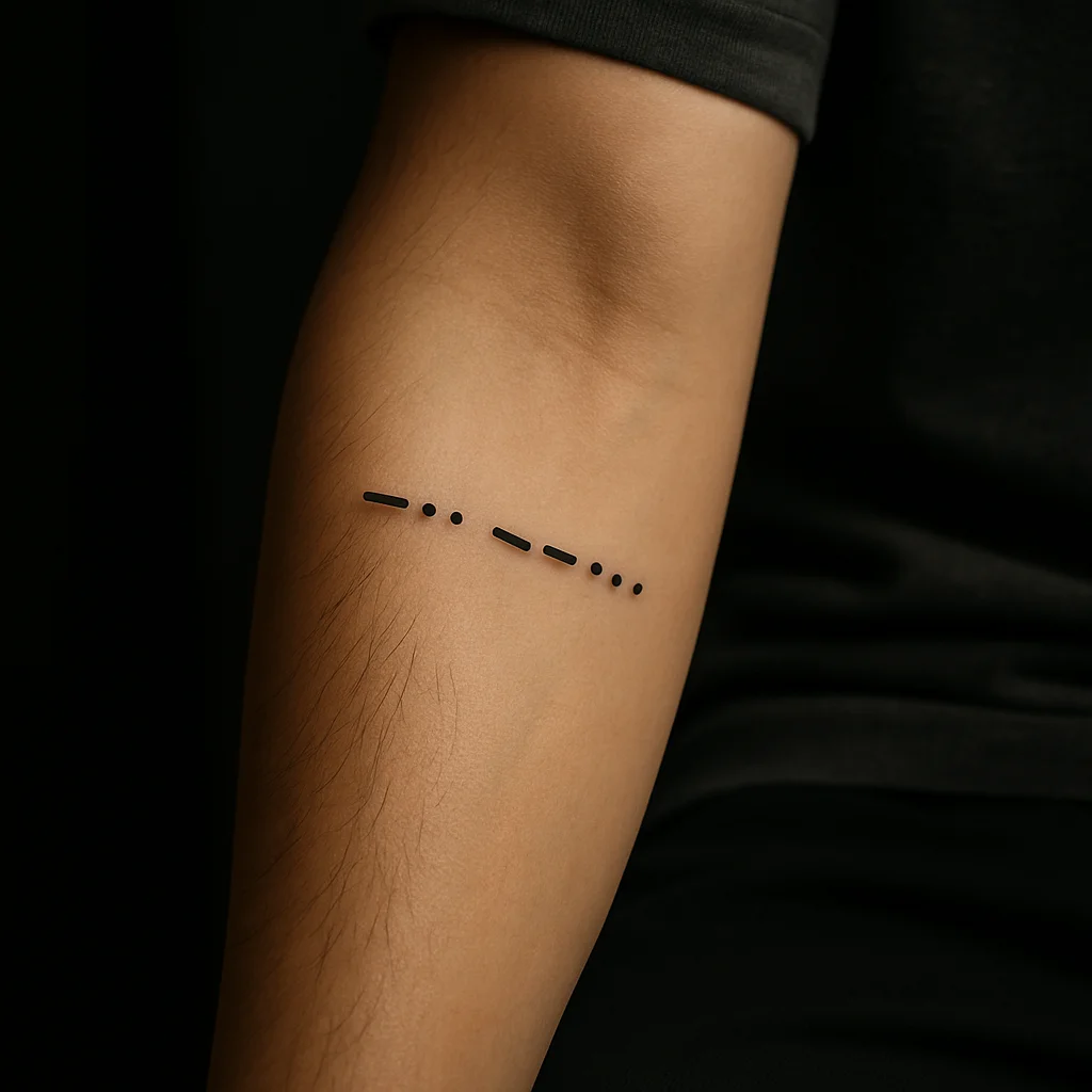Morse code dots and dashes tattooed in a straight line on the outer forearm