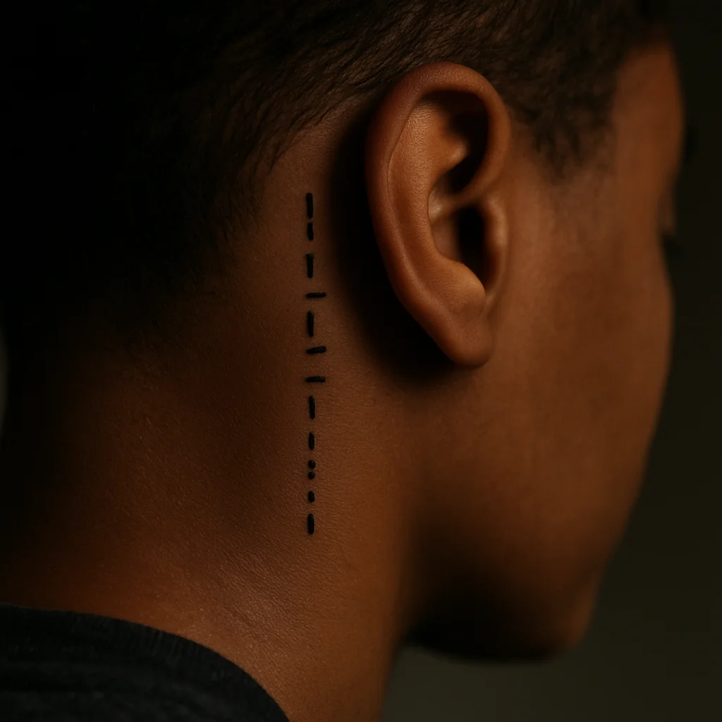 Morse code dots and dashes tattooed vertically behind the ear along the hairline