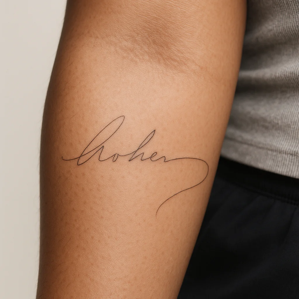 Mother's traced handwritten signature with a long flourish tattooed in fine-line script on the inner forearm