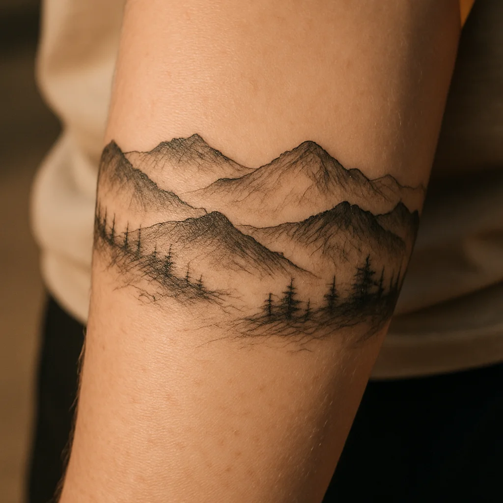 Mountain range and pine treeline band tattoo circling the forearm in black and grey