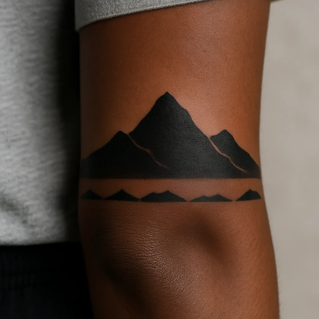 Mountain ridgeline tattoo with peaks by birth order and birthdates along the base, outer forearm