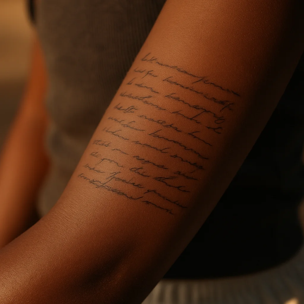Multi-line handwritten letter excerpt tattooed in fine-line script on the outer forearm