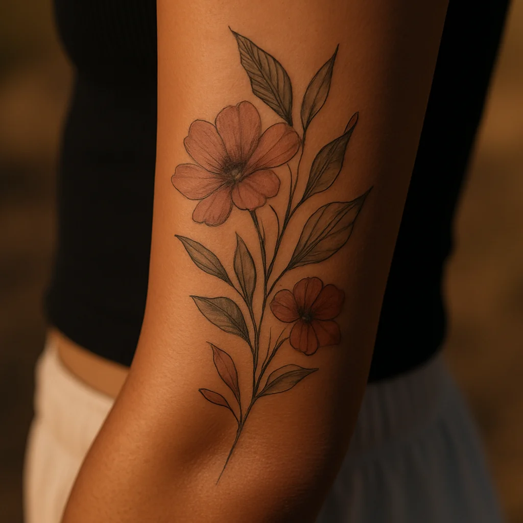 Muted dusty rose and sage botanical half sleeve in illustrative style on the outer forearm