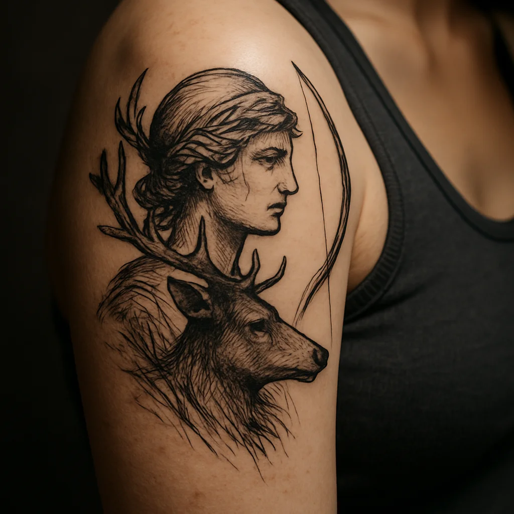 Mythic huntress profile with stag head and crescent bow in illustrative style on the upper arm