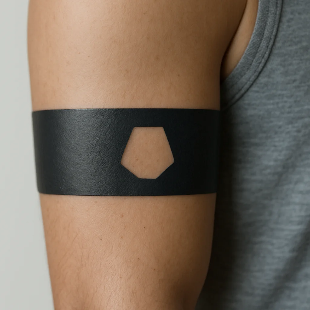 Negative-space blackout band tattoo on a man's inner bicep and upper arm