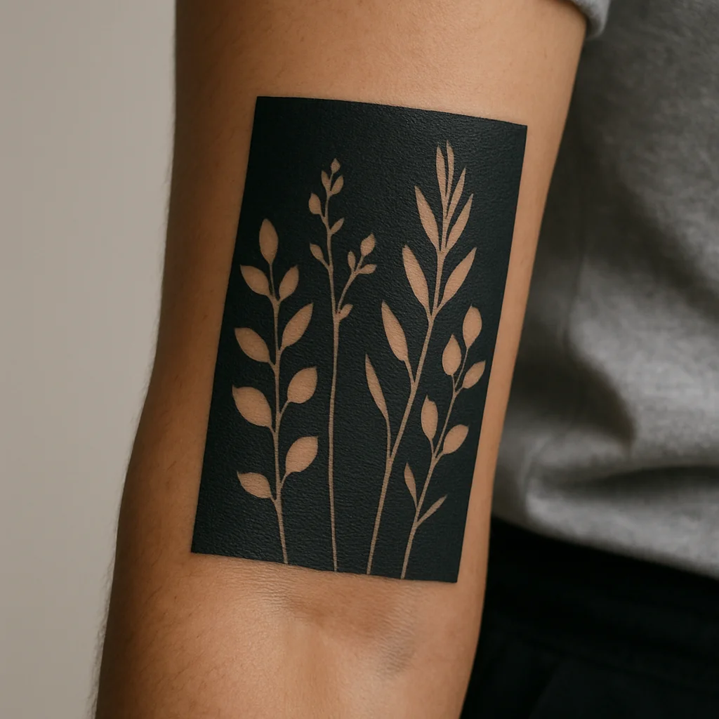 Negative-space botanical shapes cut out of a solid black rectangle on the outer forearm
