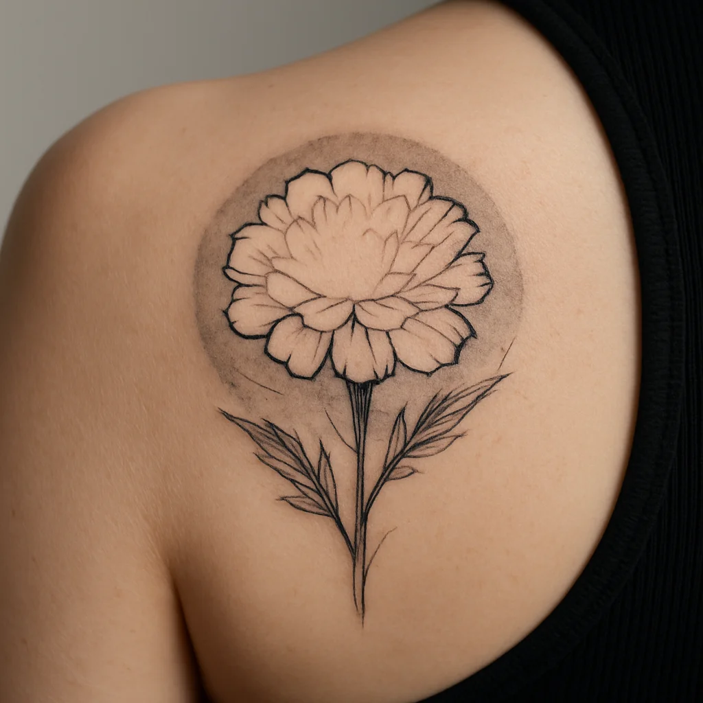 Negative-space marigold inside a soft grey circle tattooed on the shoulder blade