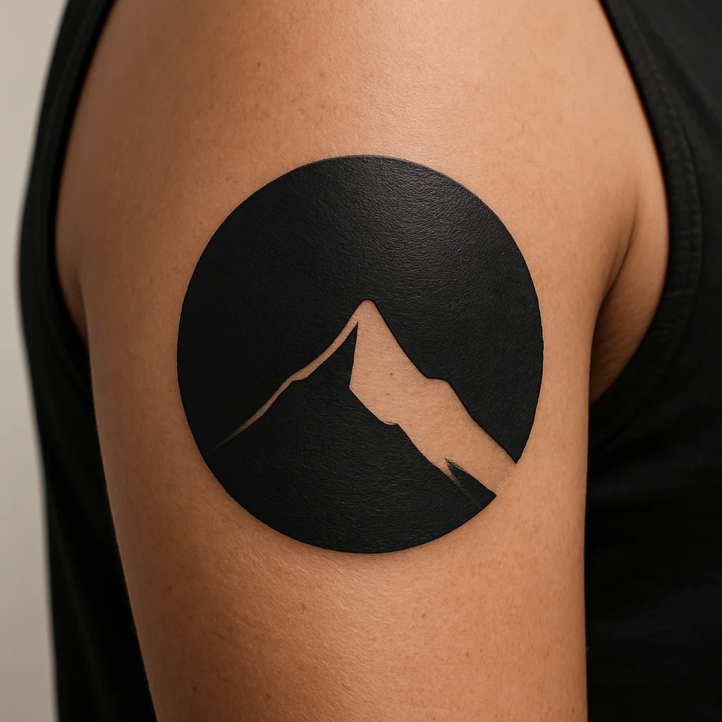 Negative-space mountain inside a solid black circle tattooed on the upper arm