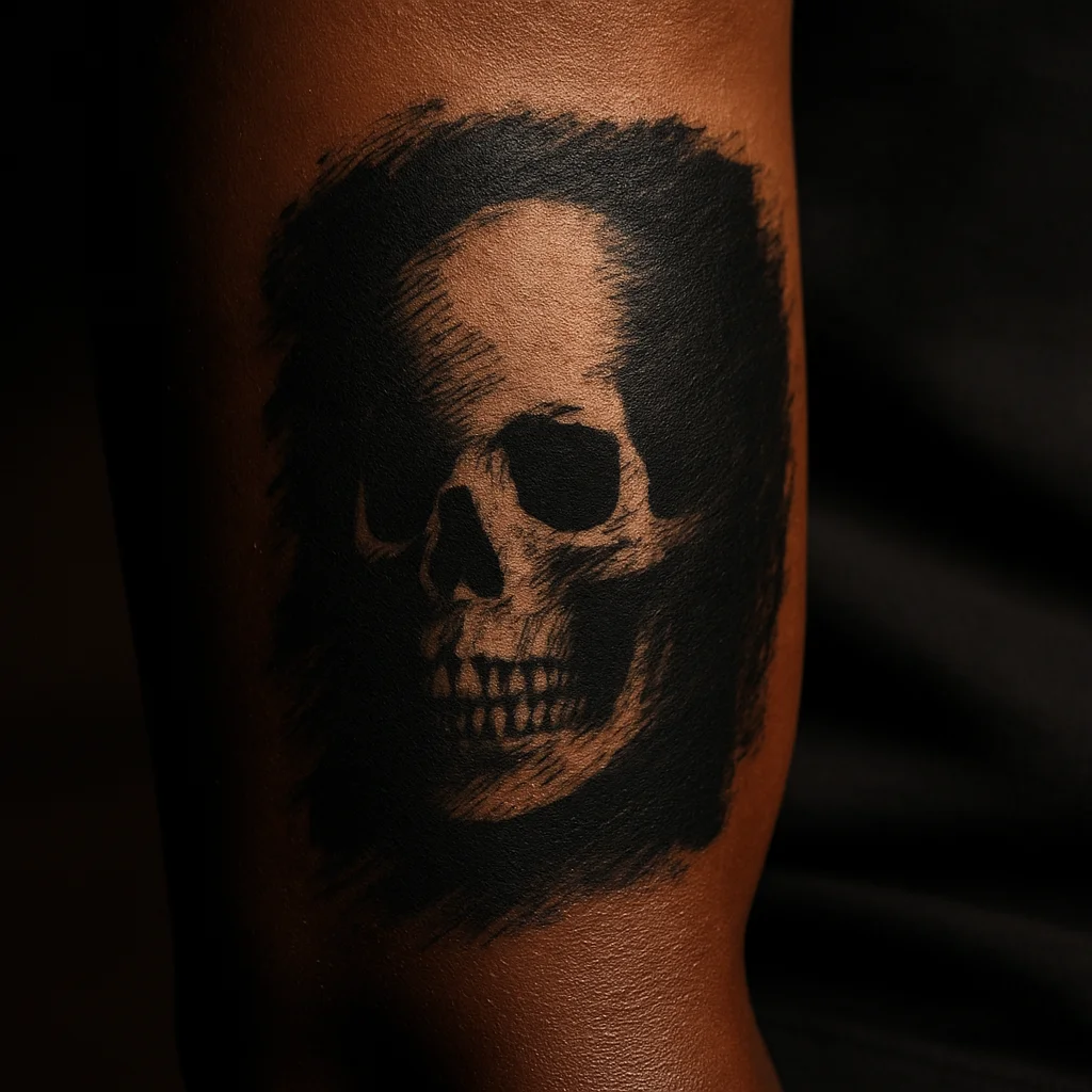 Negative-space skull inside brushstroke blackwork covering a man's outer forearm