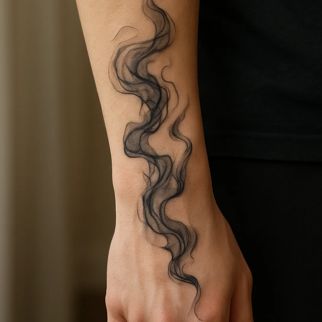 Negative-space smoke tattoo carrying a forearm design across the wrist onto the hand