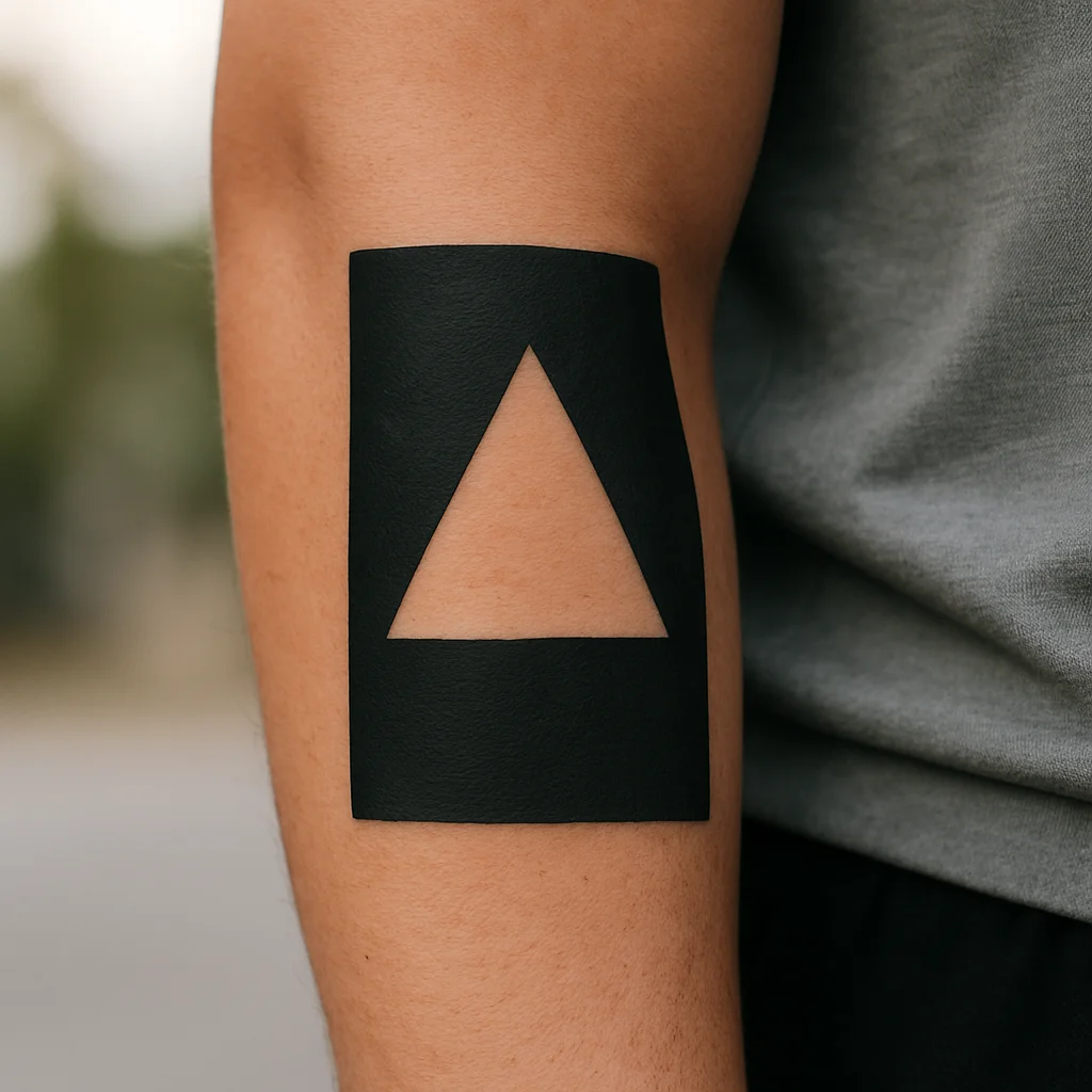Negative-space triangle tattoo in a solid blackwork field on the outer forearm