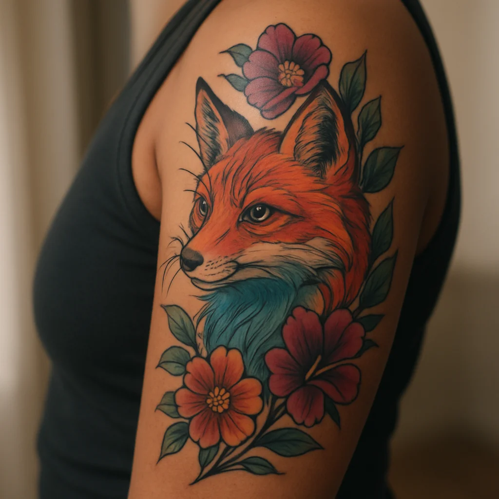 Neo-traditional colour sleeve with a jewel-toned fox and florals on the upper arm