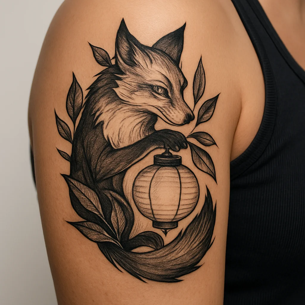 Neo-traditional fox curled around a paper lantern with stylised leaves on the upper arm