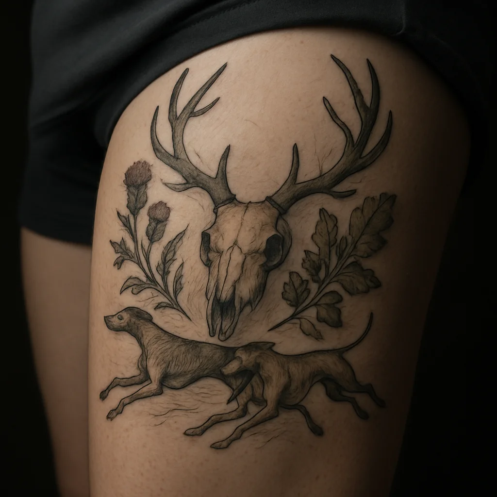 Neo-traditional hunt scene leg sleeve with stag skull, hounds and oak leaves on the thigh