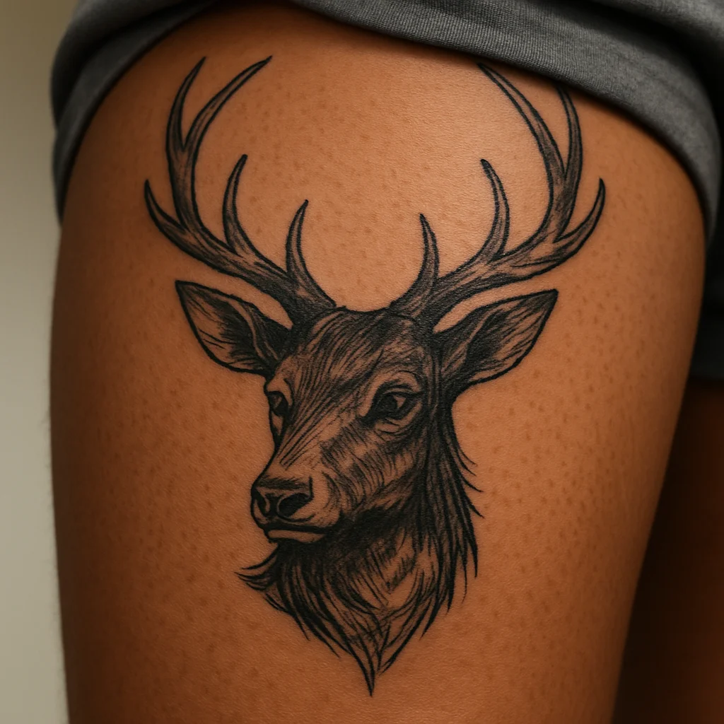 Neo-traditional stag head tattoo with arcing antlers on a man's front thigh