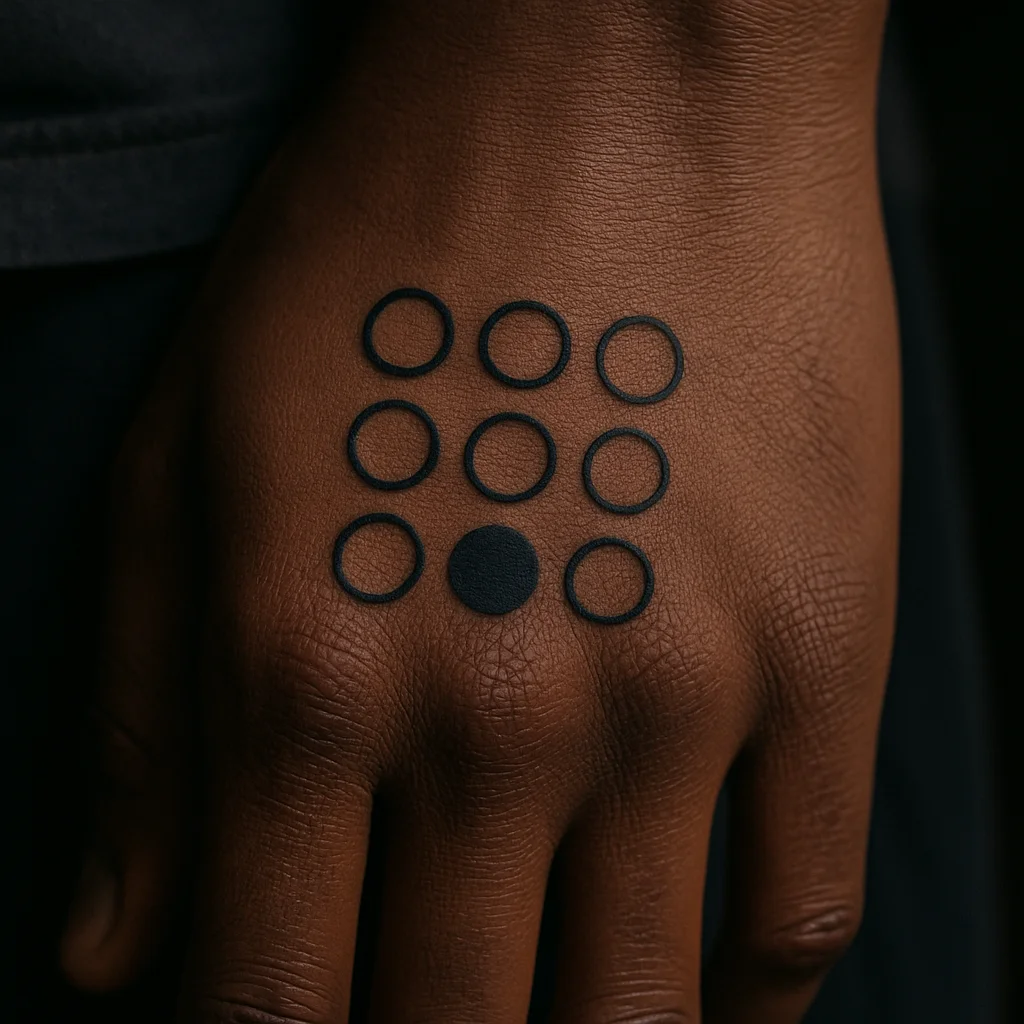Nine-dot grid with one filled dot tattooed in geometric style on the back of the hand