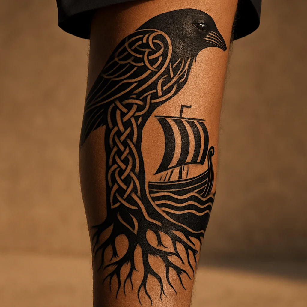 Norse mythology leg sleeve with tree roots, longship and raven in bold blackwork down the calf