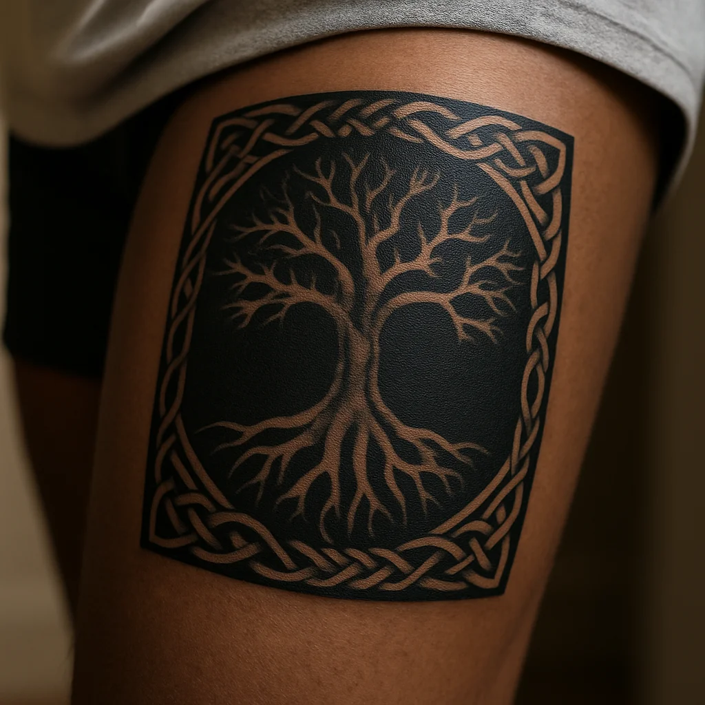 Norse Yggdrasil tattoo with runic border and knotwork in blackwork on a man's thigh